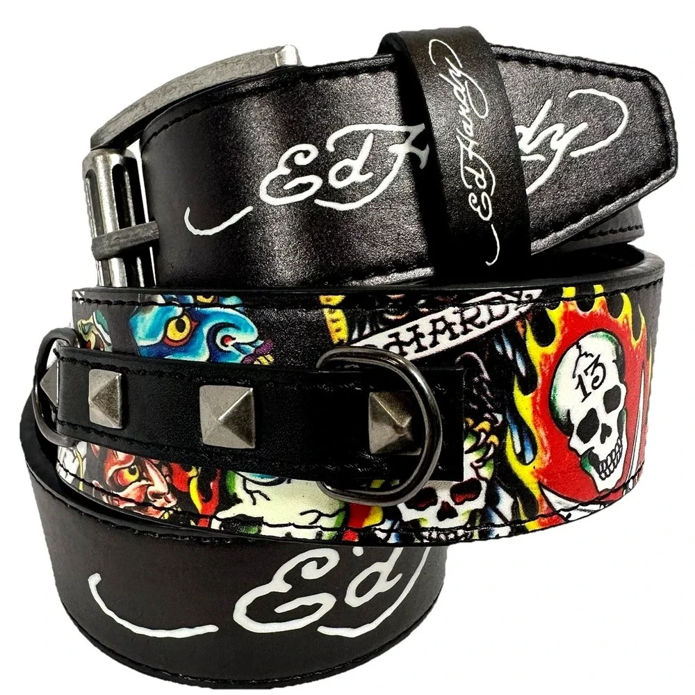 Ed Hardy Tattoo Skull‎ Graphic Studded Belt Black Y2K Punk Unisex Size 36